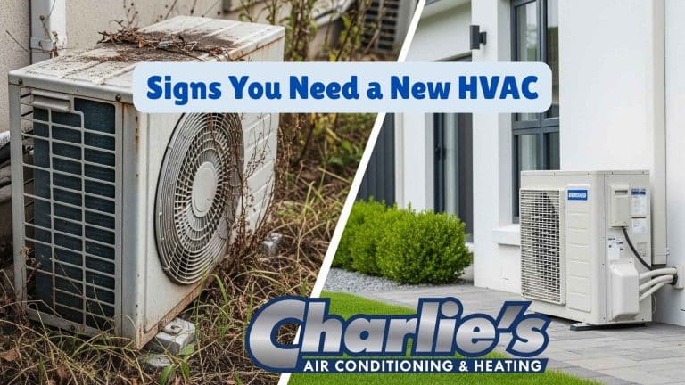 An old, rusty AC unit compared to one of the new HVAC system benefits.