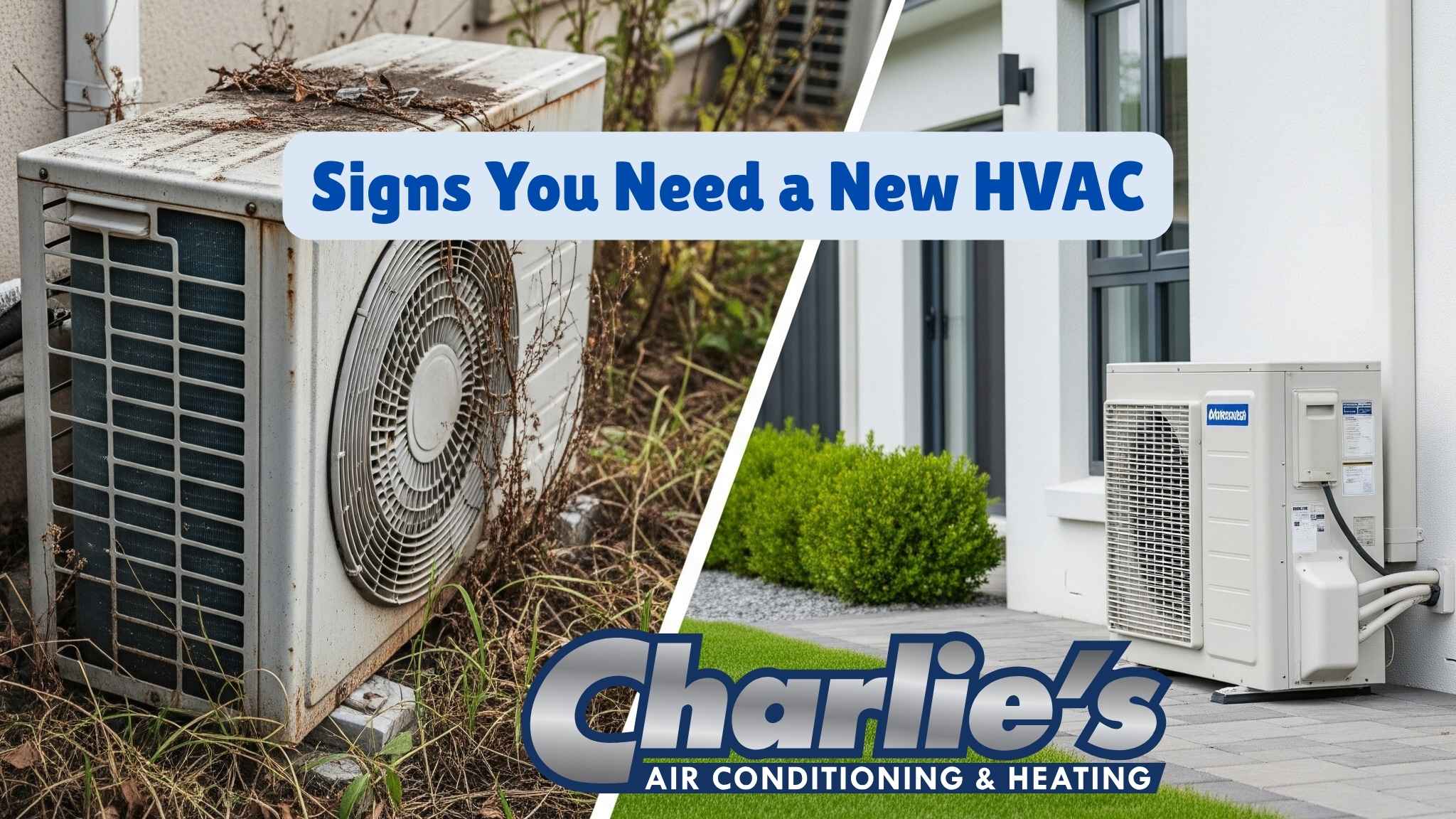 An old, rusty AC unit compared to one of the new HVAC system benefits.